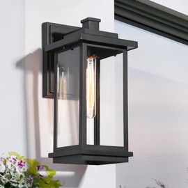 LALUZ Black Outdoor Wall Porch Lights, Modern Rectangular Outdoor Light Fixtures Wall Mount with Clear Glass, Farmhouse Waterproof Exterior Outside Wall Lantern Sconce Lights for House, Patio, Garage