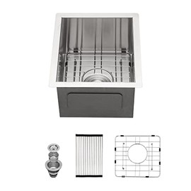 Small Wet Bar Sink - Logmey Undermount Single Bowl Kitchen Sink,13 X 15 Inch Stainless Steel Prep Kitchen Sink with Utility Accessories Drain Assembly & Bottom Grid & Roll Up Rack