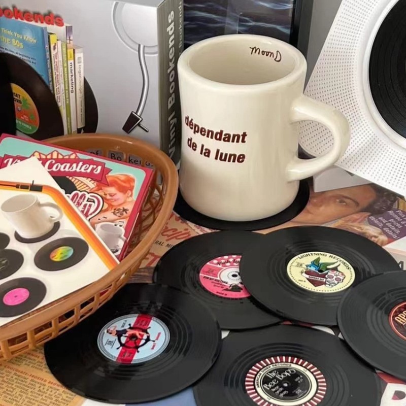 6 Pcs Retro Coasters Vinyl Record Coasters CD Coasters Anti-Heat