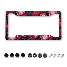 HUIXIA Red Rose License Plate Frame, Flower License Plate Frames for Women Men, Funny Floral Aluminum Vintage Front License Plate Holder Cover Car Tag Decor with 4 Holes (SYC-49)