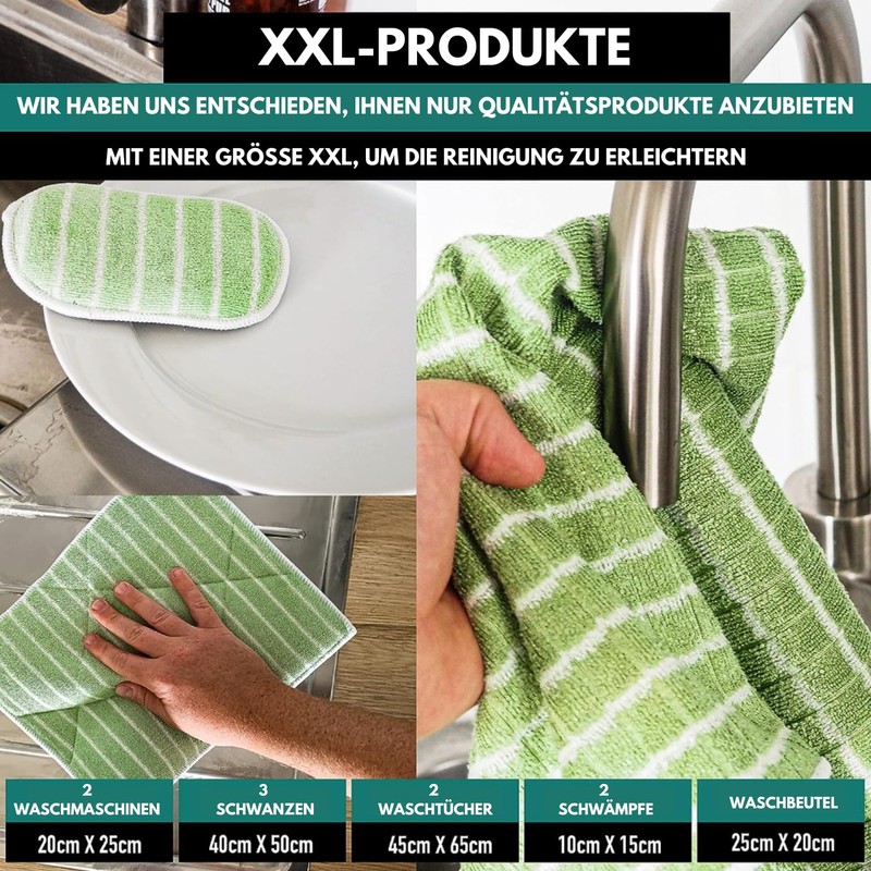 11 Bamboo Microfibre Cloths XXL, Washable Sponges + Bag, Premium