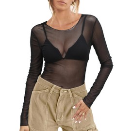 Aoulaydo Mesh Tops for Women Long Sleeve Crew Neck Fitted Top Solid Floral Tee Shirts S-XL