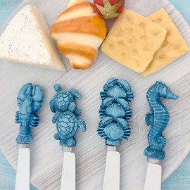 Supreme Housewares Blue Wash Sea Animals Cheese Spreaders, Hand-Painted Resin Handles with Stainless Steel Blades for Spreading Cream Cheese, Butter, and Jam, Assorted Designs, Set of 4