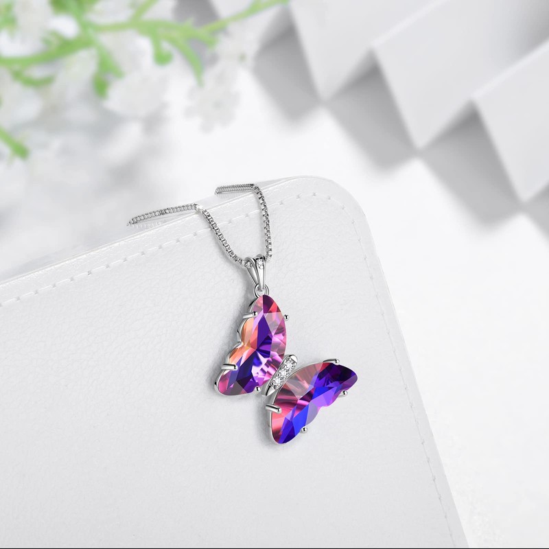 Aurora Tears Butterfly Heart Necklace Women 925 Sterling Silver Animal