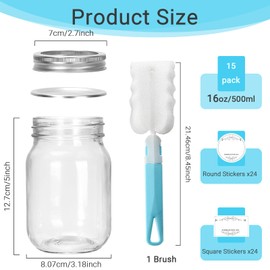 Waymind 16 oz Glass Mason Jars, 15 Pack Regular Mouth Glass Canning Jars with Silver Aluminum Lids and Bands, Airtight Jam Jars for Food Storage, Pickling, Fermenting, Honey, Jelly, DIY Candles Decor