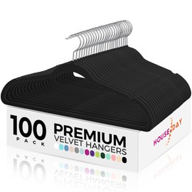 HOUSE DAY Premium Velvet Hangers, Non-Slip Flocked Felt, Sturdy Coat & Suit Hangers for Closet Space Saving (100 Pack, Black)