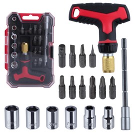 LEONTOOL 18 Pieces T-Handle Ratchet Wrench and Screwdriver Set, 3 Adjustable Handle Positions Magnetic Multi-Bit Ratcheting Screwdriver and Socket Set with Quick-load Mechanism for Home & Garage