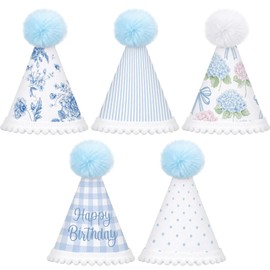 Eaasty 5 Pcs Mini Hydrangea Blue Gingham Stripe Party Hats for Animals