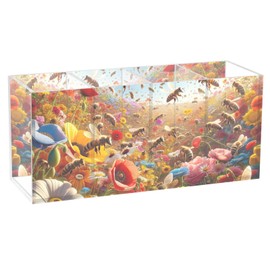 TSENQUE Bees Flower Acrylic Pencil Holder 4 Compartments Clear Pen Holder Makeup Brush Storage Organizer