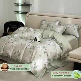 VM VOUGEMARKET Green Flower Duvet Cover Queen Cooling Lyocell Comfoter Cover Set for Hot Sleeper,Moisture Wicking Silky Bedding Set for Teen Girls-Light Green