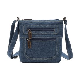 Casual Denim Crossbody Bag for Women, Vintage Square Shoulder Bag with Multiple Zippers and Pockets, Dark Blue, 9.05 X 9.05 X 0.78 Inches