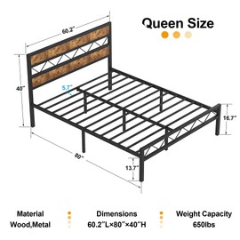 VECELO Queen Bed Frame Metal Platform with Wooden Headboard, Heavy-Duty Metal Slats Support, No Box Spring Needed, Non-Slip, Noise Free, Easy Assembly, Rustic Brown