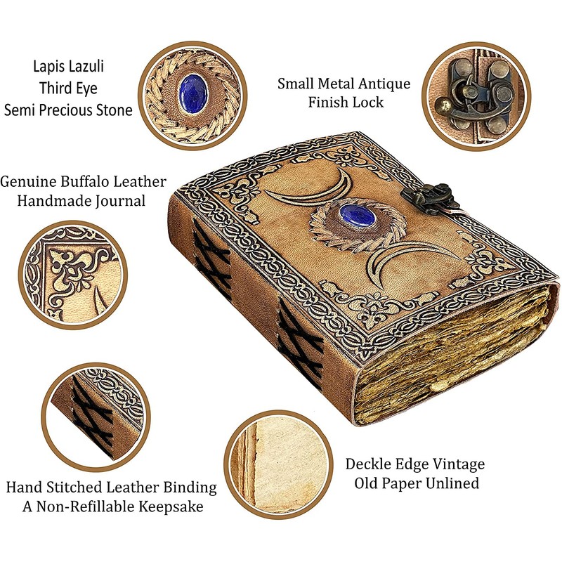 ALCRAFT Handmade Vintage Leather Journal with Semi Precious Stones Black