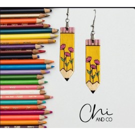 Chi&Co Pencil Earrings wood dangle Flowers Engraved Teacher Learning Back To School