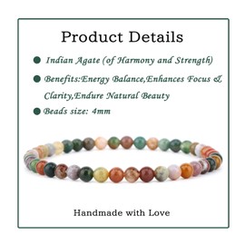 4mm Indian Agate - Handmade Reiki Gemstone Stretch Bracelet, Natural Beauty & Spiritual Essence, Crystal Healing for Unisex Adults