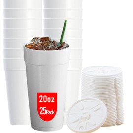 20 OZ Foam Cups With Lids for Hot & Cold Drinks, USA-Made 25-Pack. Ideal Styrofoam Coffee Cups, Insulating To-Go Cups for Soda, Tea, Juice - Sturdy, Disposable & comparable to Industry standard 20J20