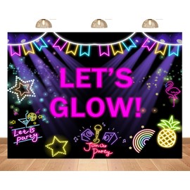 PEKRU 7x5ft Fabric Neon Backdrop Let's Glow Party Supplies Funny Cute Glitter Doodle Decoration Kids Birthday Party Celebration Day Party Photography Banner