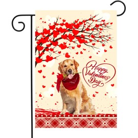 Valentines Day Garden Flag Valentine Golden Retriever Garden Flag Dog Under Love Hearts Tree Flag 12x18 Double Sided for Anniversary Wedding Yard Decor