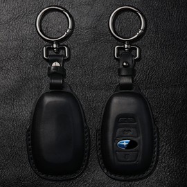 Tukellen Compatible con Subaru - Funda de piel para llavero con llavero para control remoto inteligente WRX Outback Ascent Forester Crosstrek Legacy Impreza, funda de piel auténtica, color negro