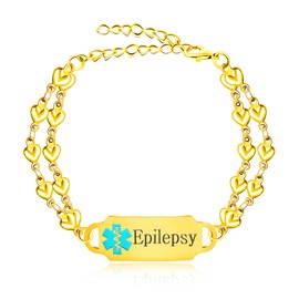JunyiDIY Durable Medical ID Bracelets Gold Plated Epilepsy Heart Medical Alert Bracelet, Adjustable Double Strand ID Jewelry for Women YA5200