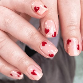 Heart Press on Nails Short Square Love Fake Nails with Red Hearts White Dots Design Nude Pink Full Cover Acrylic Nails Glossy Artificial Stick on Nails for Women Girls Holidays Manicure 24Pcs