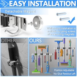 3-H Magnetic Broom Holder Wall Mount 1 Pack, 2-in-1 Dual Mount (No Drill or Screw Fix), 304 Stainless Steel Heavy Duty Magnet Mop Broom Organizer for Kitchen Garden Garage(3 Racks & 4 Hooks,Silver)