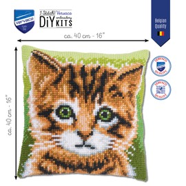 Vervaco Cross Stitch Kit Decorative Cushion Cat Crafts Adults Decoration Embroidery Kit Beginners Complete DIY Embroidery Creative Gift ca. 40x40cm Cross Stitch Embroidery