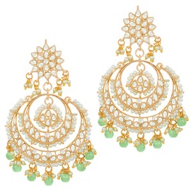 Aheli Ethnic Bridal Faux Kundan Pearl Chandbali Earrings Gift for Women Fancy Indian Traditional Bollywood Jewelry Set Mint Color