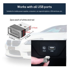 Dickno 4 PCS USB LED Car Interior Atmosphere Lamp, Portable Mini LED Night Light, Plug-in USB Interface Trunk Ambient Lighting Kit, Universal Vehicle Interior Accessories (White+Red)