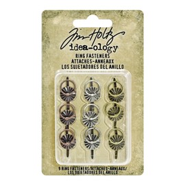 Tim Holtz Idea-ology Ring Fasteners, 9 Brad Fasteners with Fluted Tops and Attached Jump Rings, Nickel, Brass, Copper, Craft Embellishments, TH93060