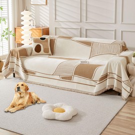 HAOMAIJIA Non Slip Couch Cover Sofa Covers for 3 Cushion Couch Washable sectional Couch Covers for Dogs pet Furniture Protector Couch Cover Blanket for Living Room (Brown-Cream, 71"x134")