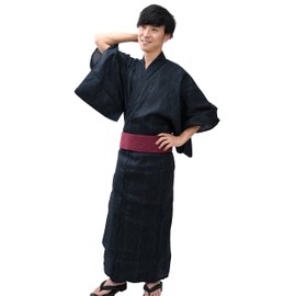 Edoten Men's Kimono Japan Shijira Weaving Yukata 703 Black Kasuri 753 Wine OBI M
