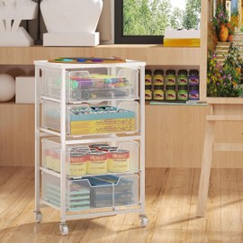 4-Drawer Rolling Storage Cart, Utility Cart with Drawers, White Metal Craft Cart Organizer with Wheels & Wooden Top, Art Supply Storage Organizer for Classroom, Office, Kitchen,Patent Pending