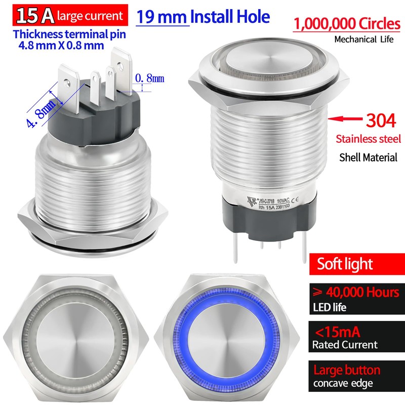 UL Listed 19mm 15Amp Push Button Switch Latching 110V-120V AC/DC
