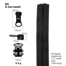 Heavy Duty Bulk Zippers #5 for Upholstery, Sewing, Arts and Crafts (Non-Seperating) 10yds with 4 Pulls - BambooMN - Black