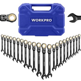 WORKPRO 22-piece Ratcheting Wrench Set with 180° Flex Head, Anti-Slip Tooth, Combination Wrench Sets with Organizer Box, Metric 6-18mm & SAE 1/4-3/4", Black Electrophoretic Coating