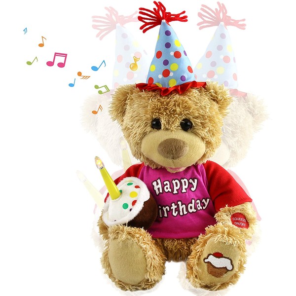 Houwsbaby Happy Birthday Teddy Bear Interactive Animated Stuffed Animal Singing Musical Plush Electric Toy with Cupcake and Glow Candle Gift for Kids Girls Boys Holiday, Brown, 11''