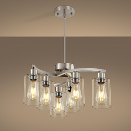 Sigaitwei 6 Light Farmhouse Brushed Nickel Chandelier,21.7" Modern Chandeliers for Dining Room Light Fixtures Over Table,Pendant Lights Kitchen Island,Metal Bracket with Downward Clear Glass Shade