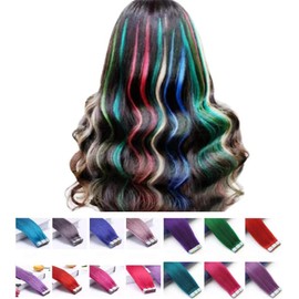 Feibin Seal Extensions Human Hair Extensions Tape Extensions Straight Long Gradient Wig, Remy Hair Color, 19.7 inches (50 cm), 23.6 inches (60 cm), 12 Colors Available, Set of 5 (Purple Blue, 60 cm)