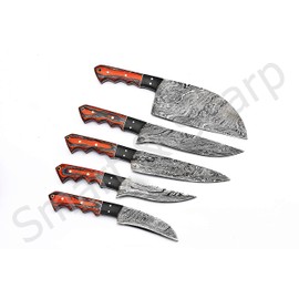 Custom Handmade Damascus Chef Knives Set / Kitchen Knives 5 Pieces Set SS-17211 (Orange and Black Color Wood)