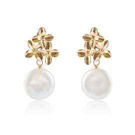 LILY LUSTRE 14k Gold Plated 925 Sterling Silver Handpicked AAAA Quality Natural White Freshwater Cultured Coin Shaped Pearl Flower Stud Drop Dangle Earrings for Women