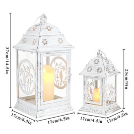 TRIROCKS Set of 2 Rustic Bird Metal Candle Lanterns 14.5"&9" H Vintage Decorative Hanging Candle Holders for Garden Yard Patio Wedding Parties Events Indoors Outdoors(White with Black Brush)