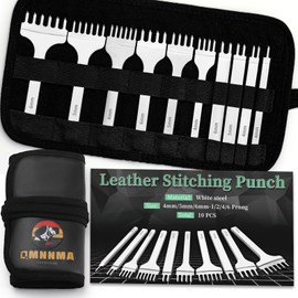 QMNNMA 10Pcs Leather Stitching Punch, Leather Hole Punch Set Diamond Stitching Chisel Set, Multiple Sizes White Steel 1/2/4/6 Prong Leather Chisel with Storage Bag for Leather Craft