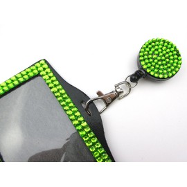 ALL in ONE Rhinestone Lanyard Bling Crystal Necklace + Badge Reel + Horizontal Card Holder for Business Id/Key (Green)