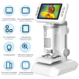 PYRODUM 4.0 Inch IPS Digital Microscope 1600X, 1080P Portable Handheld Microscope with Photo and Video Recording, 32 GB Card, LED Light, Slide Samples, Rechargeable USB Microscope for Children/Adults