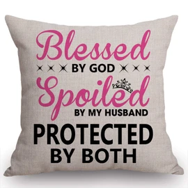 Swono Blessed by God Spoiled by My Husband Cotton Burlap Linen Throw Pillow Case Cushion Cover Sofa Outdoor Decorative Square 18X18 Inches