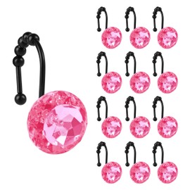 Sunlit Luxury Design Round Hot Pink Diamond Crystal Gem Bling with Glide Balls Shower Curtain Hooks, Rust Proof Metal Rhinestones Glam Shower Curtain Rings with Black Hooks, Set of 12