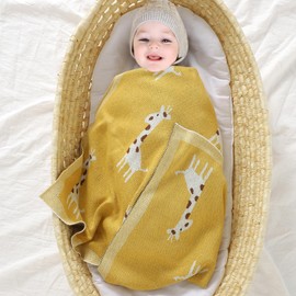 mimixiong Soft 100% Pure Organic Cotton Knitted Newborn Baby Blanket, Swaddle Blanket, Giraffe Yellow (80 x 100cm)