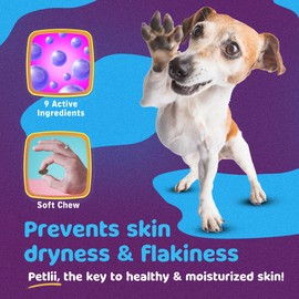 Petlii HEALTHY COAT OMEGA CHEWS - 120 Duck flavour Chews for Skin and Coat health. Omega 3, 6, 9, Biotin, Zinc, Fish Oils and Vitamins to relieve itching, allergies, dryness, patchiness and shedding