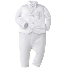 Booulfi Baby Clothing Boys 0-12 Months Romper Newborn Bodysuit Long Sleeve Jumpsuit Winter Baby First Equipment Guest Gift Christening Suit Boy, W24250-White